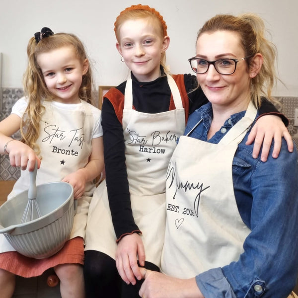 Mum and Daughters in matching Personalised Aprons