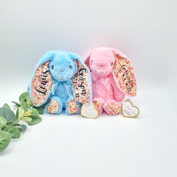 Super Cute Pink and Blue 8 inch bunnies with black vinyl personalisation
