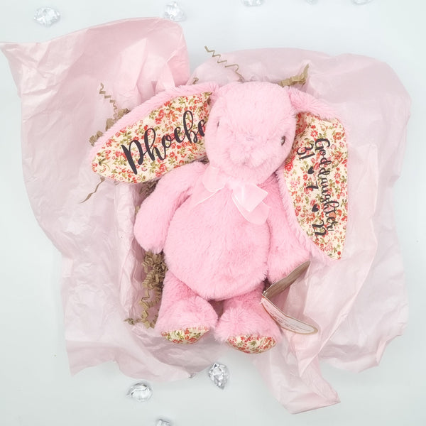 super adorable pink 8 inch fluffy bunny in pink tissue paper with black vinyl personalisation on ears