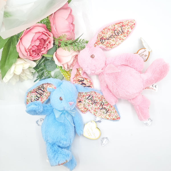 Two super cute 8 inch fluffy bunny teddies in pink and blue with black vinyl flower girl personalisation