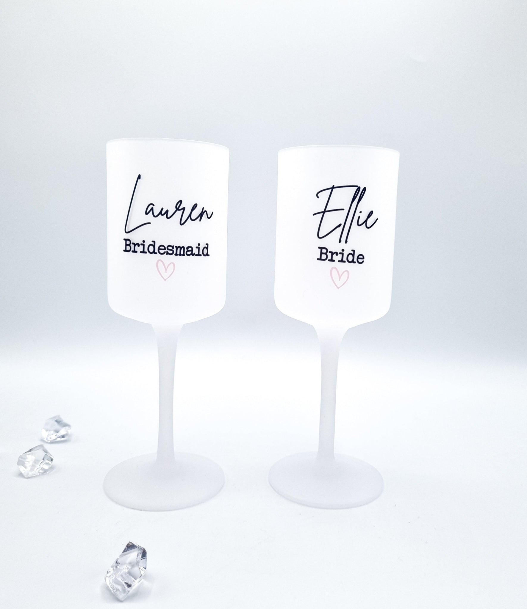 Two stunning frosted wine glasses with text personalisation