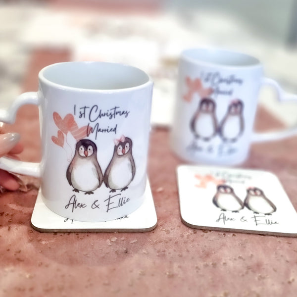 Personalised Penguin Mug Set, Personalised Penguin Couple Mug Set, Custom Gift for Couple, Gift For Wedding Anniversary Engagement, Lovers Gift, Personalised Penguins, Housewarming gift,Mug Set