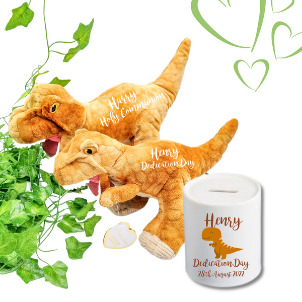 Eco Friendly Brown Dinosaur and MoneyBox Bundle Gift for Christenings