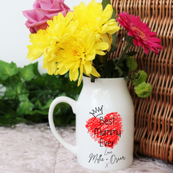 Personalised Best Mummy Ever Flower Vase with handle and Red Heart