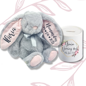 Grey 10" Pink Eared Bunny & MoneyBox Gift for Baptism