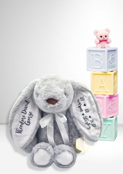 Personalised New Baby Grey with Pink Ears Bunny Soft Toy
