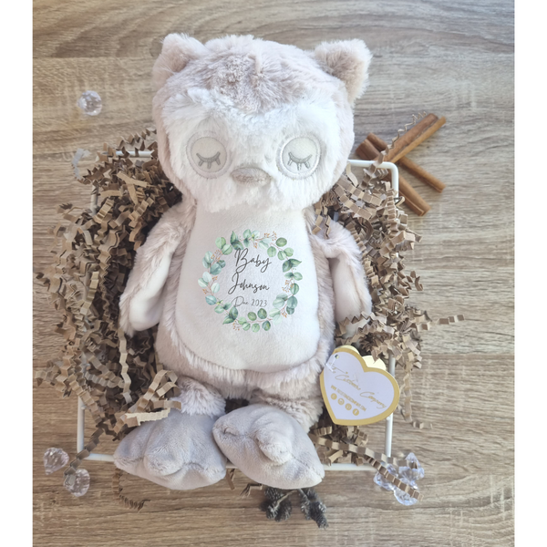 Personalised Owl Toy for New Babies with Eucalyptus Wreath