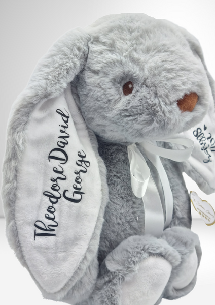 Conejito gris bebé nuevo ecológico personalizado con orejas blancas de 14 pulgadas