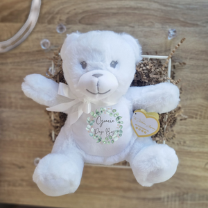 Personalised White Teddy Bear for Page Boys with Eucalyptus Wreath