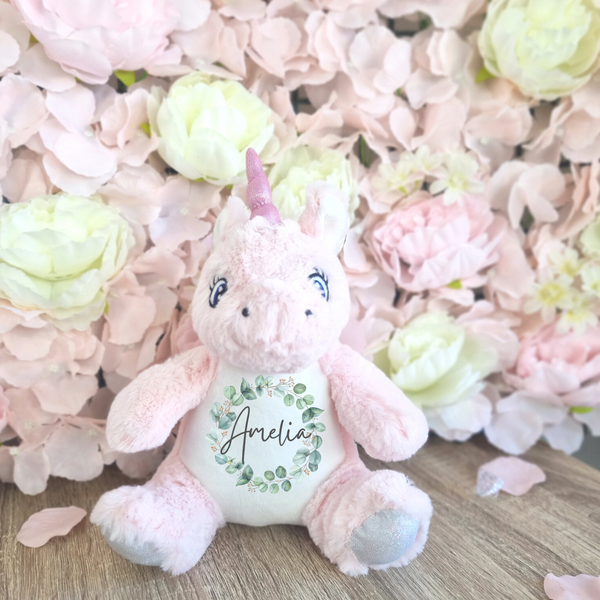 Personalised Unicorn Toy for New Babies with Eucalyptus Wreath