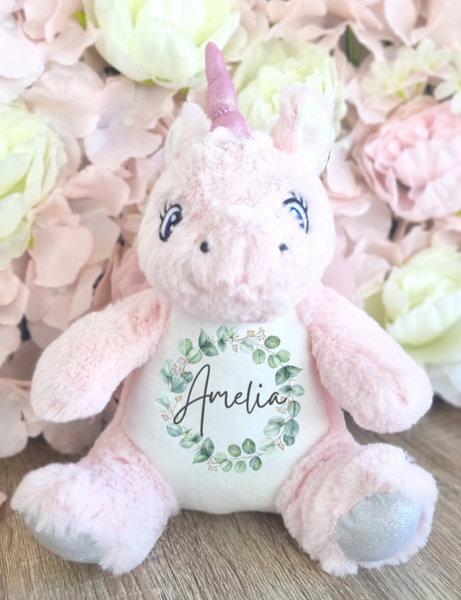 Personalised Unicorn Toy for New Babies with Eucalyptus Wreath