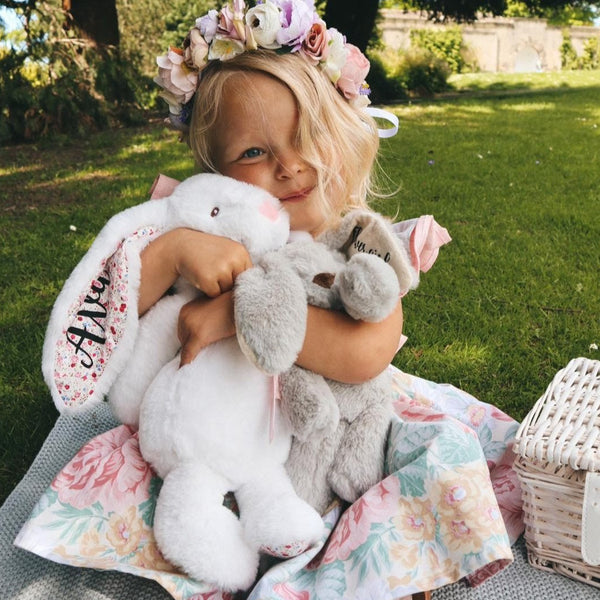 Personalised Eco Friendly New Baby 14" White Bunny with Floral Ears Soft Toy