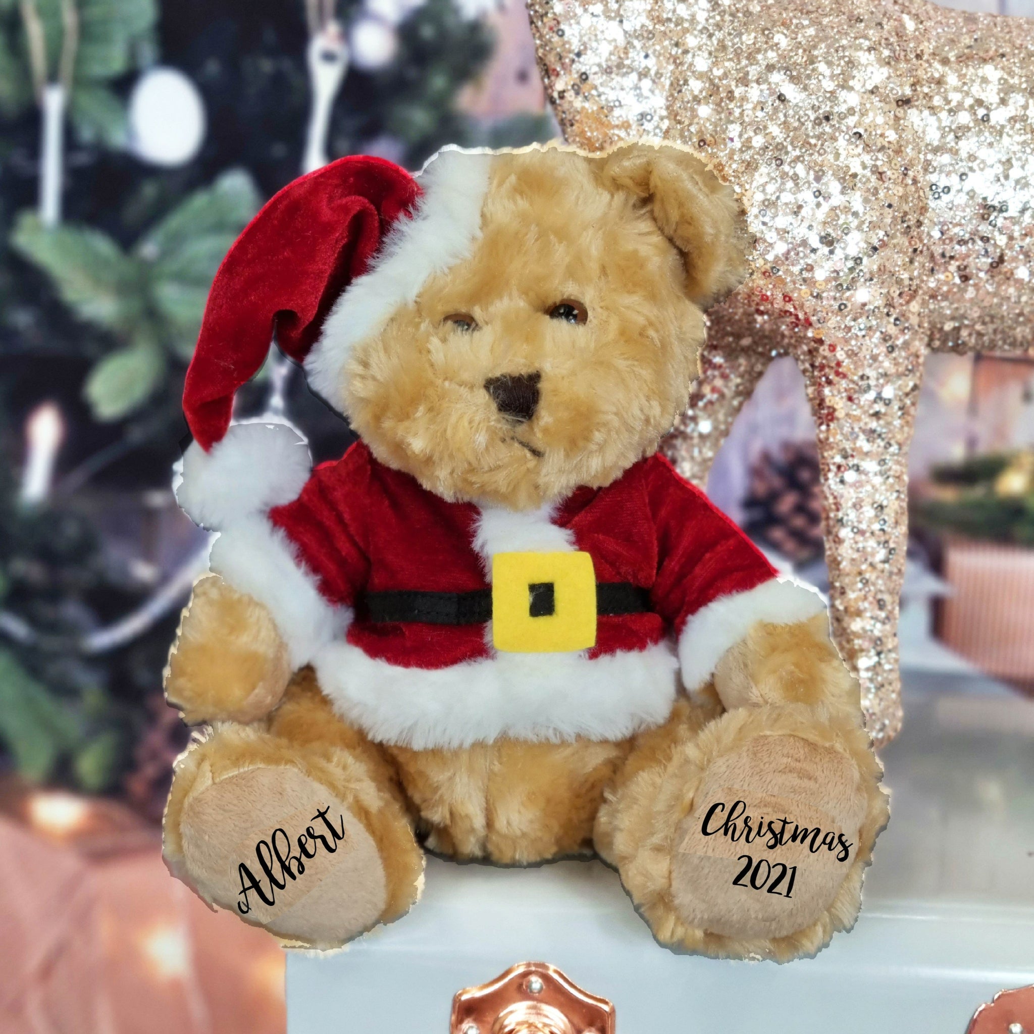 Personalized Christmas Teddy Bear - Custom Name Plush With Hat & Bow (16 Inch, Red)
