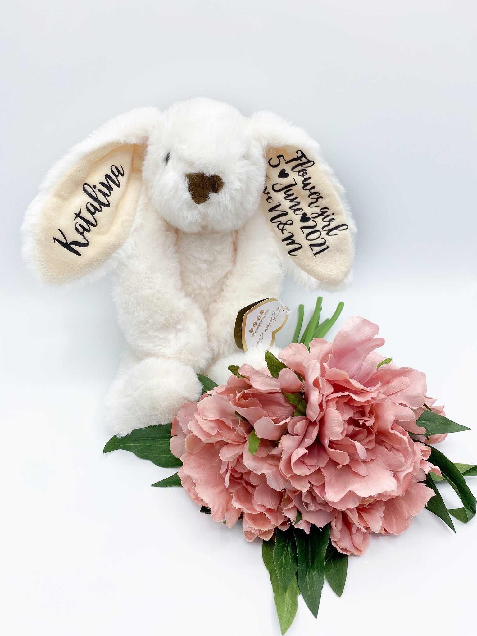 Conejito crema de regalo personalizado para niña de flores