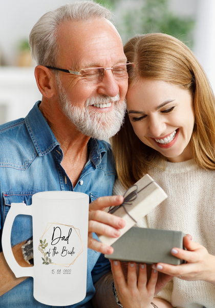 Father and daughter with gift and beer stein 