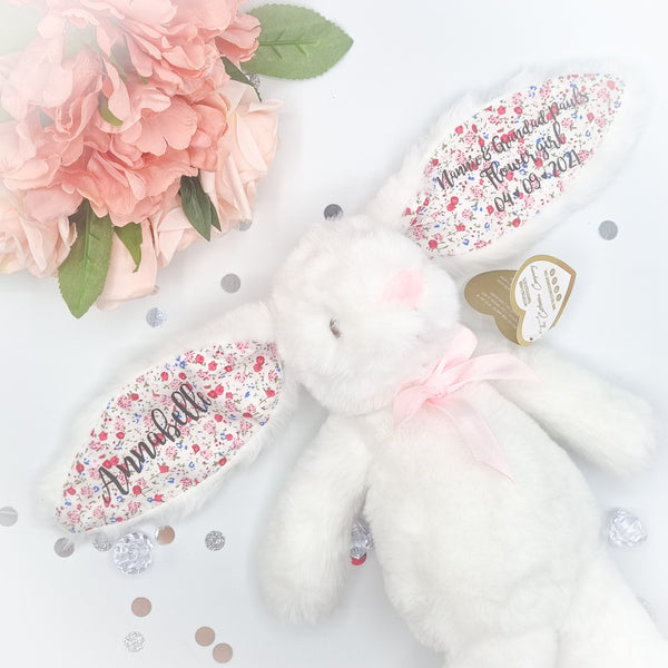 Conejito floral blanco personalizado de 14 pulgadas con orejas florales para niñas de flores