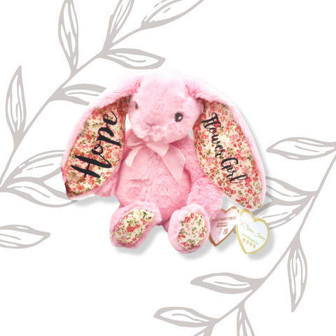 Conejito de orejas florales rosa personalizado para niñas de flores