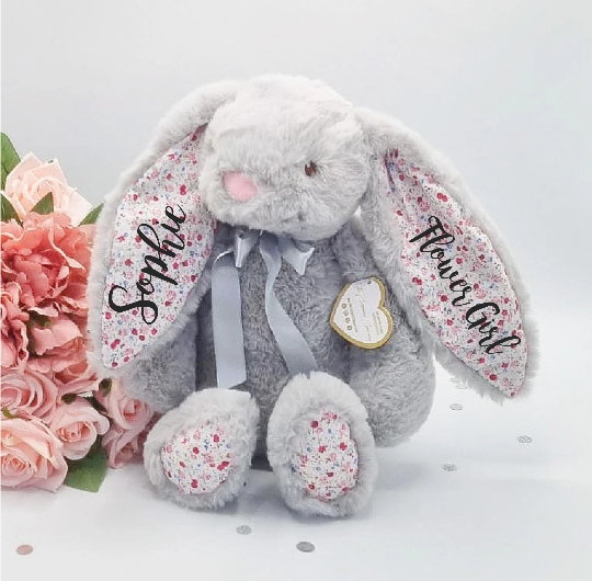 Nuevo regalo personalizado para bebé Conejito floral gris