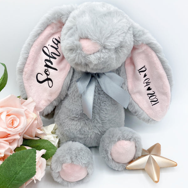 Personalised New Baby Grey with Pink Ears Bunny Soft Toy