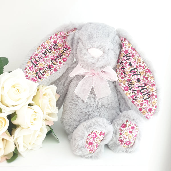 Personalised Bridesmaid Grey Bunny with Floral Ears (10 Inch, Floral B)