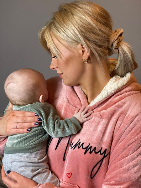 Mother holding baby wearing Pink Personalised Mummy Sherpa 