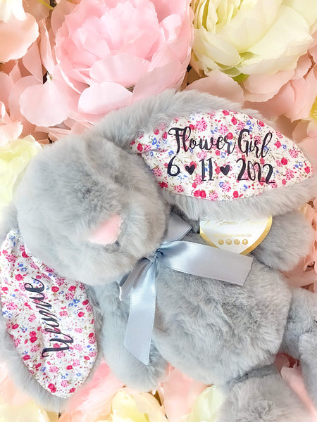 Personalised Flower Girl Grey 10" Bunny Floral Eared Gift