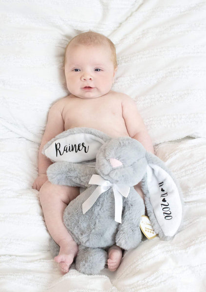Personalised New Baby Grey With White Ears Bunny Soft Toy