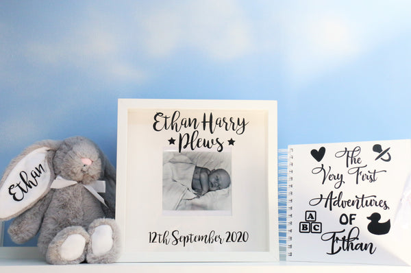 Personalised Baby Bundle: Scrapbook, Frame & Bunny Soft Toy