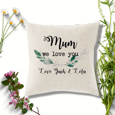 Personalised Cushion Cover with Mum we love you design with leaf pattern and names 