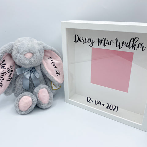 Paquete de regalo personalizado para bebé nuevo: marco y peluche de conejito