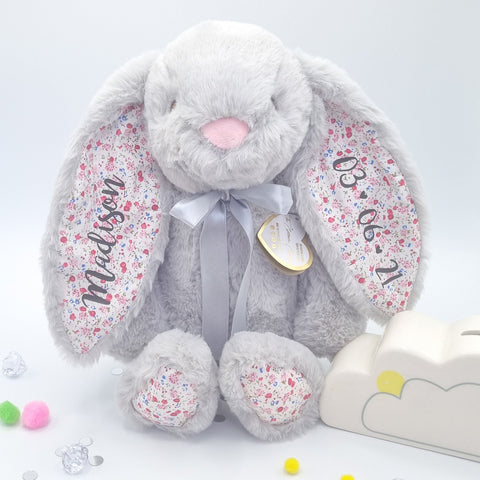 个性化生日兔子灰色 14 英寸个性化花卉图案