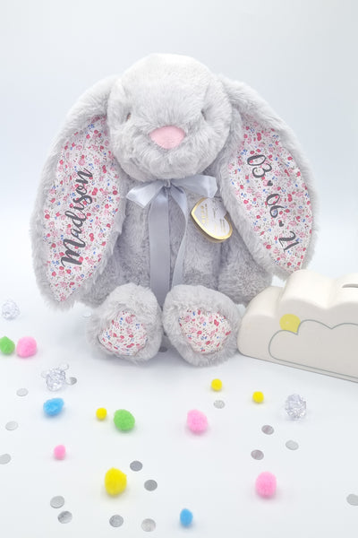 Personalised Grey Floral 10" Bunny for New Baby