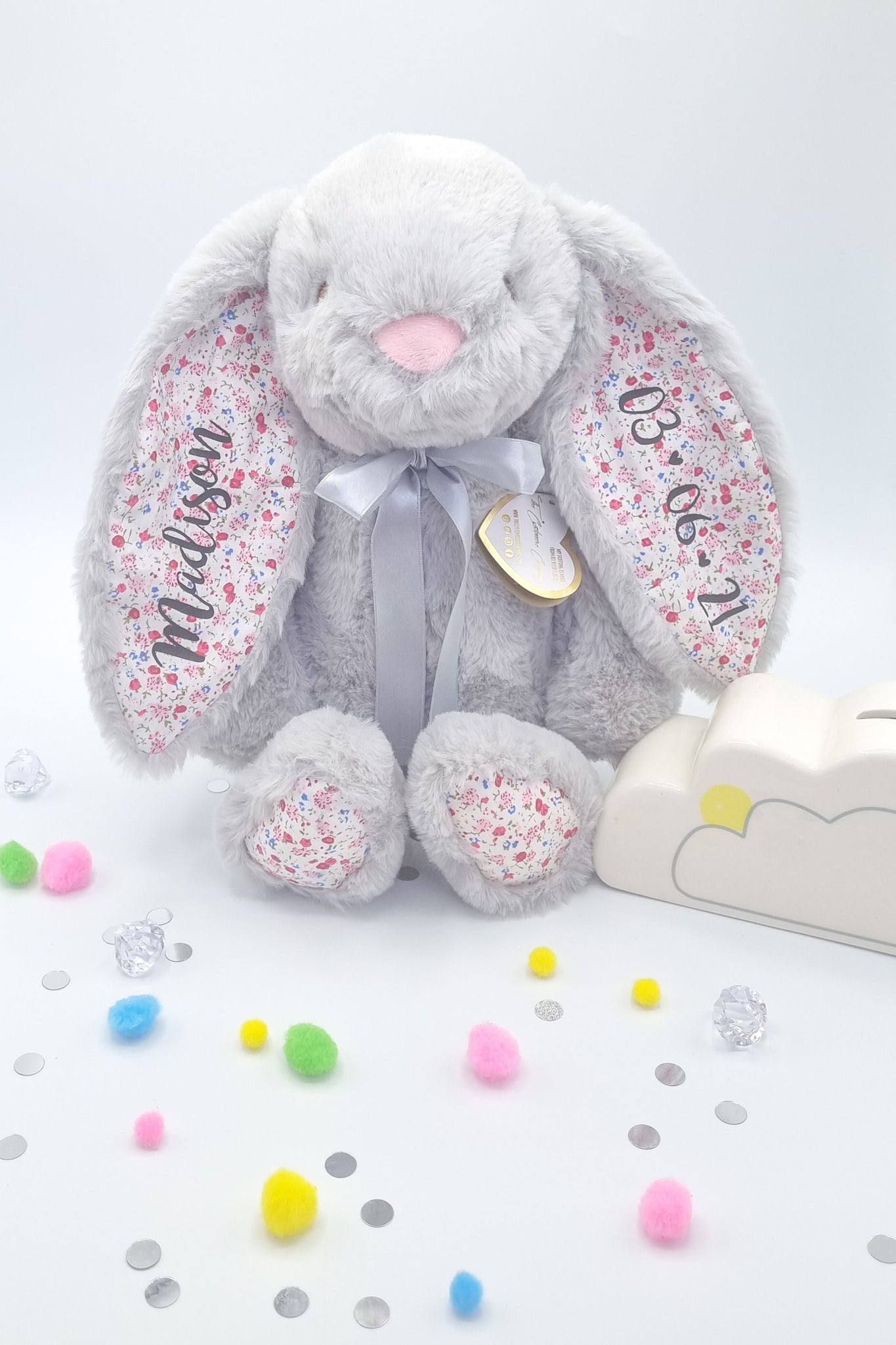 Personalised Eco Friendly 14 Inch Grey Bunny with Floral Ears