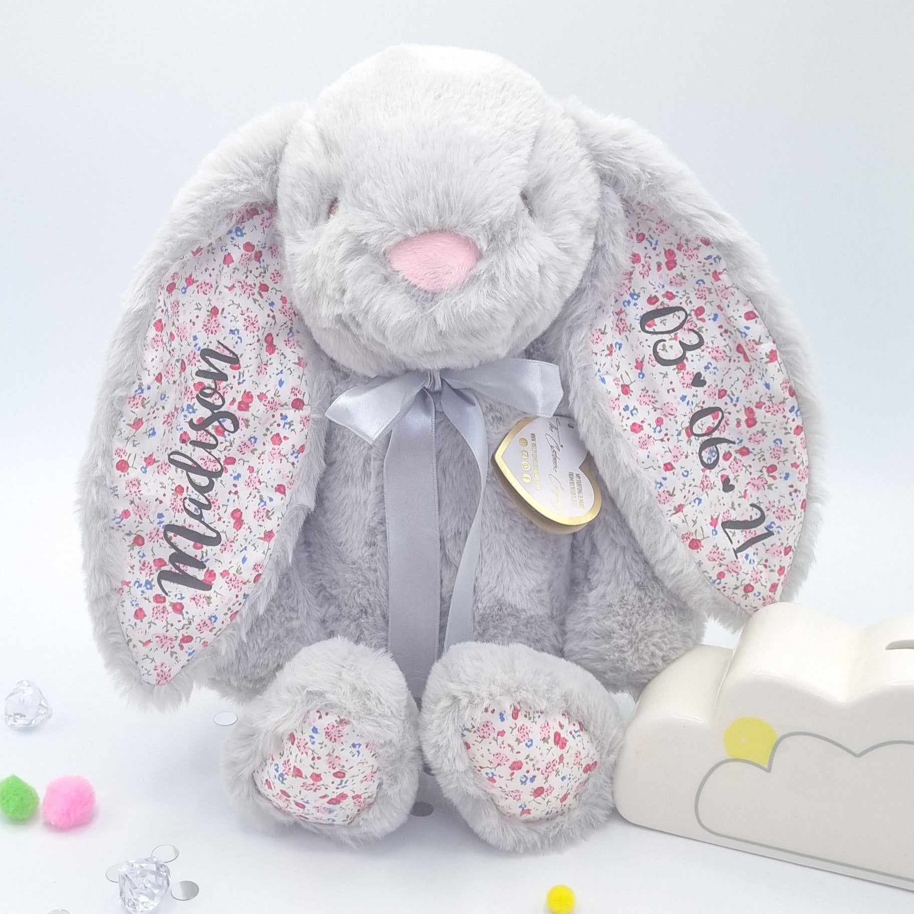 Personalised Grey Floral Eared Bunny for Bridesmaids (10 Inch)