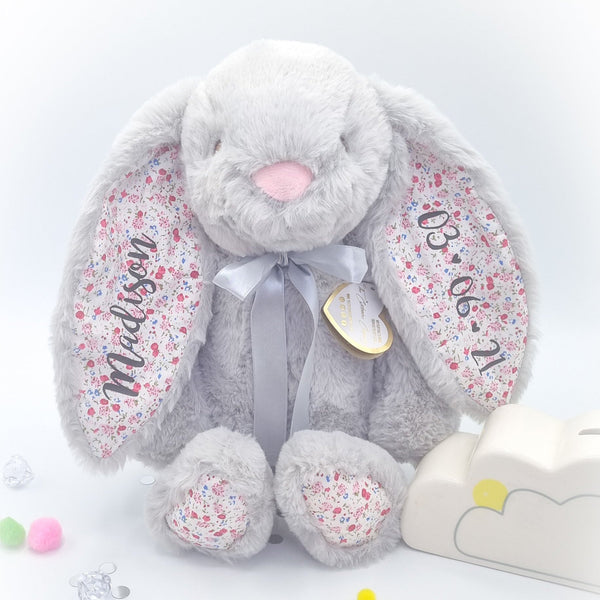 Personalised Eco Friendly 14 Inch Grey Bunny with Floral Ears