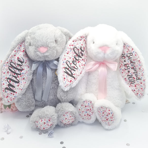 Personalised Eco Friendly New Baby White Bunny with Floral Ears Soft Toy