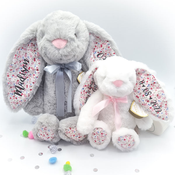 Personalised Eco Friendly New Baby White Bunny with Floral Ears Soft Toy