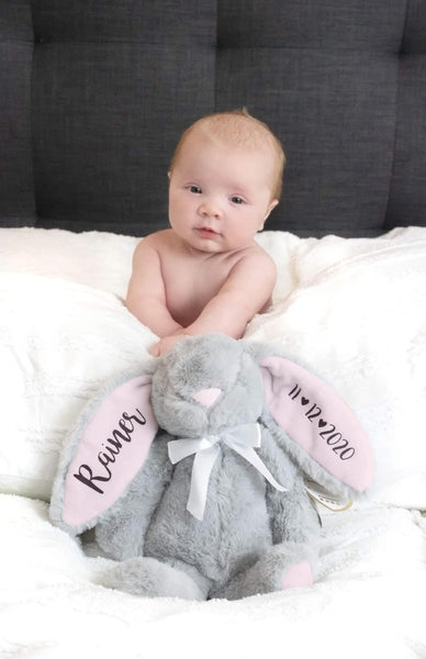 Nuevo bebé personalizado de peluche conejito gris con orejas rosas
