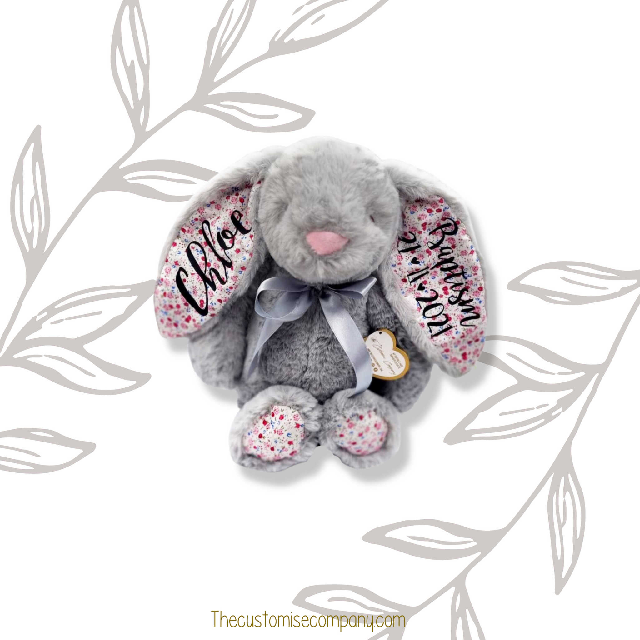Super Cute Grey teddy bunny with floral inner ears and vinyl personalisation