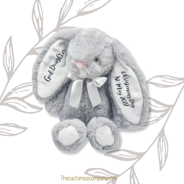 Super cute grey teddy bunny with white inner ears and black vinyl personalisation
