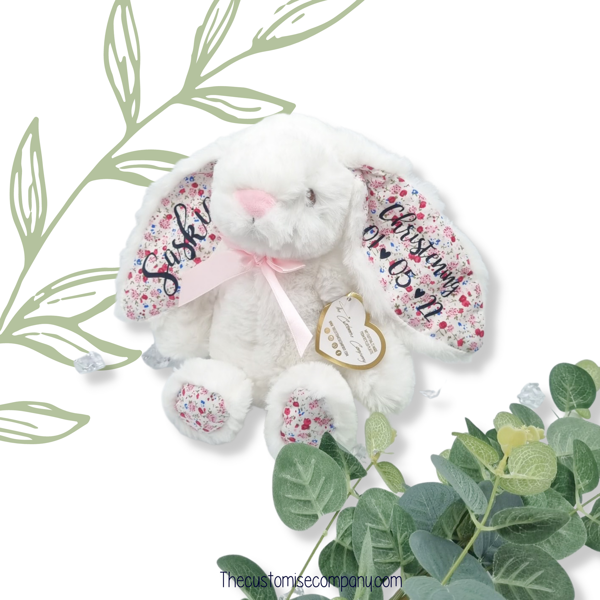 Super cute fluffy white teddy bunny with floral inner ears and black vinyl personalisation