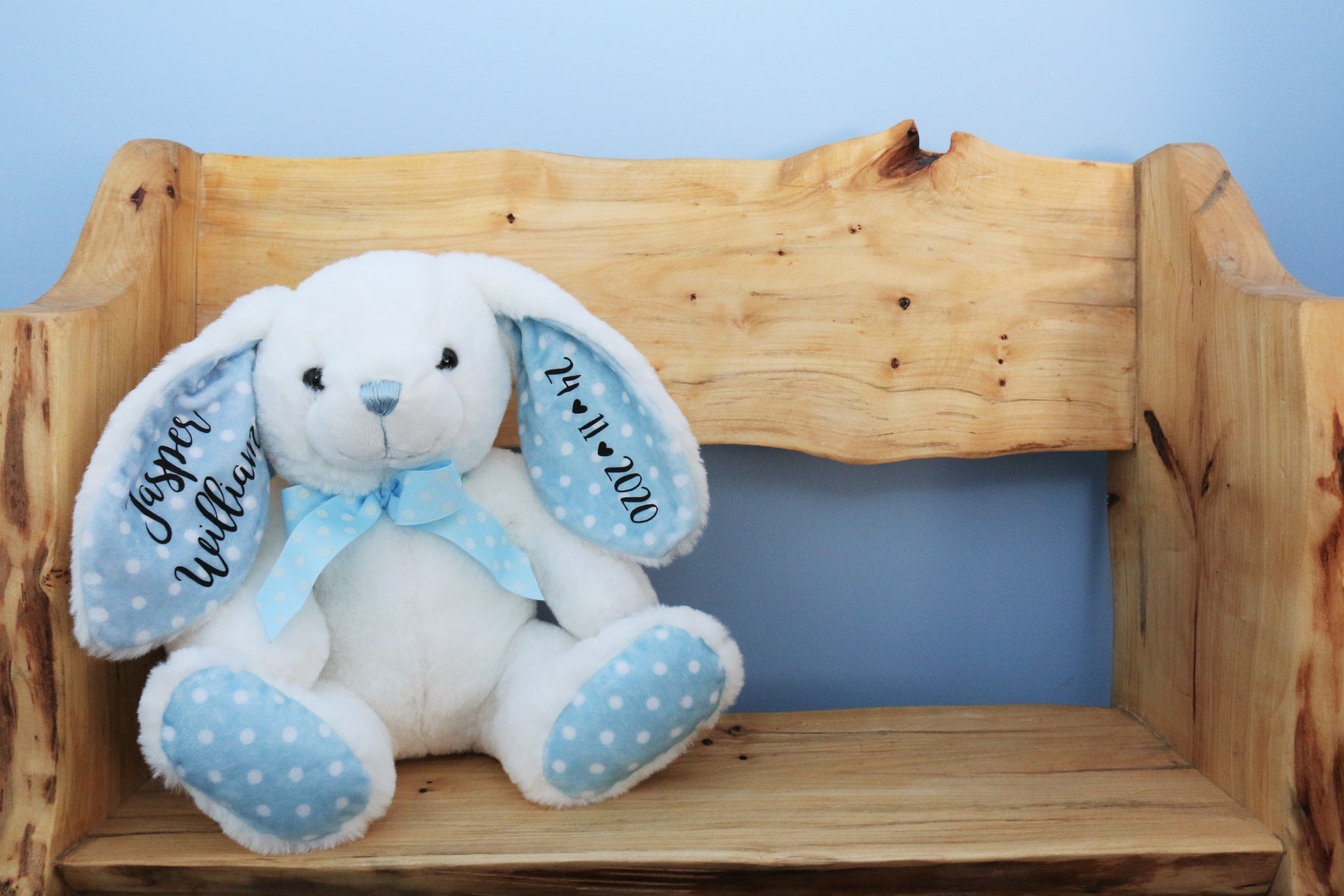 Personalised Polka Dot Bunny With Blue Ears
