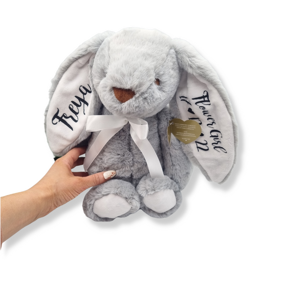 个性化 14 英寸灰色兔子，白色内耳，适合侍童