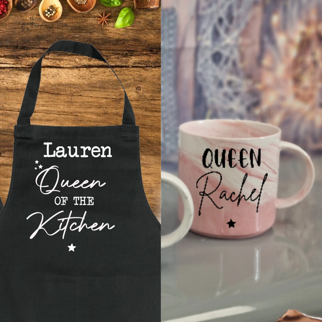 Personalised Queen of the Kitchen Apron and Cup