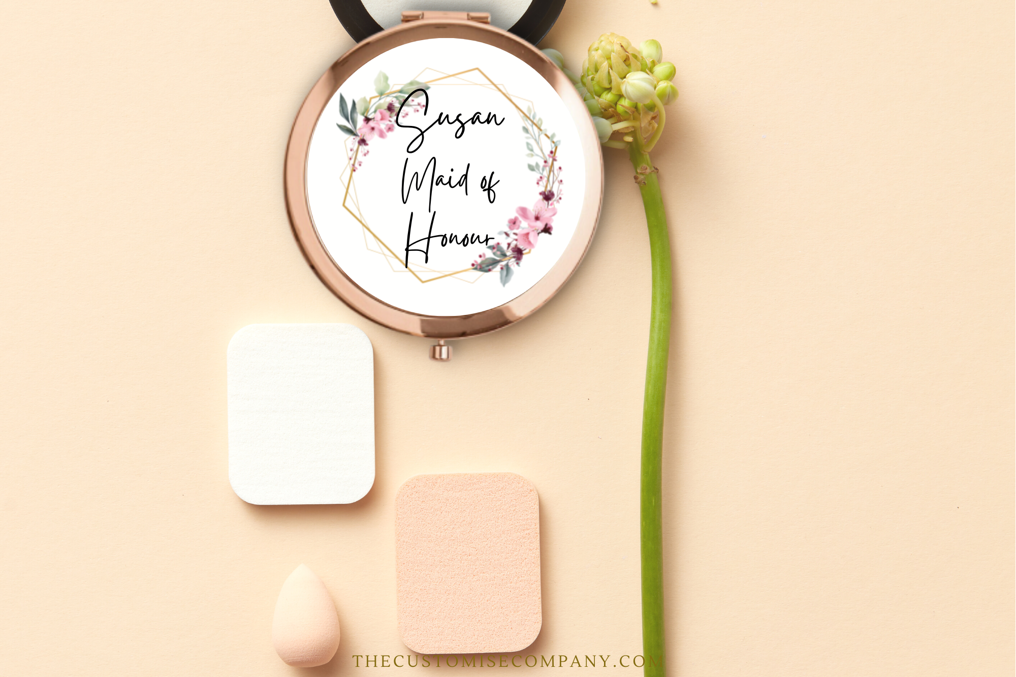 Espejos compactos personalizados para dama de honor con detalles florales rosas 