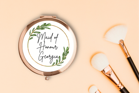 Personalised Compact Mirrors for Maid of Honour Gold Wreath with Leaves