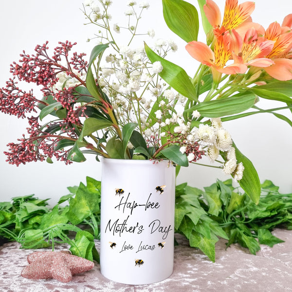 White Vase with Personalised Design Hap-Bee mothers day
