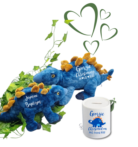 个性化蓝色恐龙和钱盒洗礼礼物