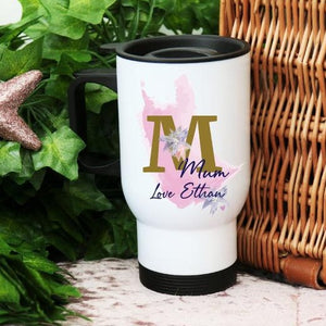 Personalised Travel Mug with Pink Blotted Paint detail and the letter 'M' for Mum in Gold