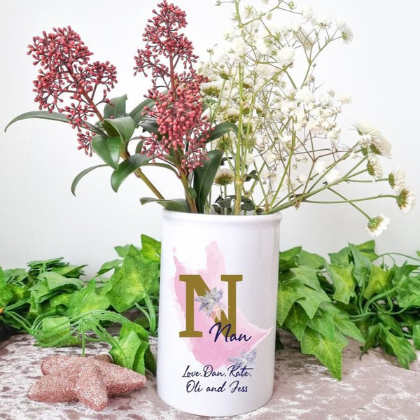 Personalised Flower Vase for with a Pink Paint Blot and the Letter 'N' in Gold